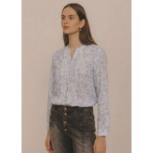Appleseed's Petite Blue White Floral Pleated 3/4 Button Lace Blouse PM